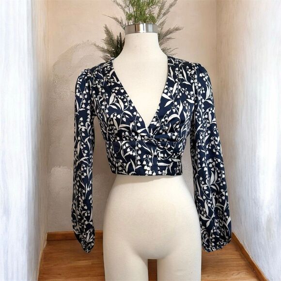 Forever 21 Blue Navy Satin Chiffon Wrap Bell Top Blouse XS - Picture 1 of 6